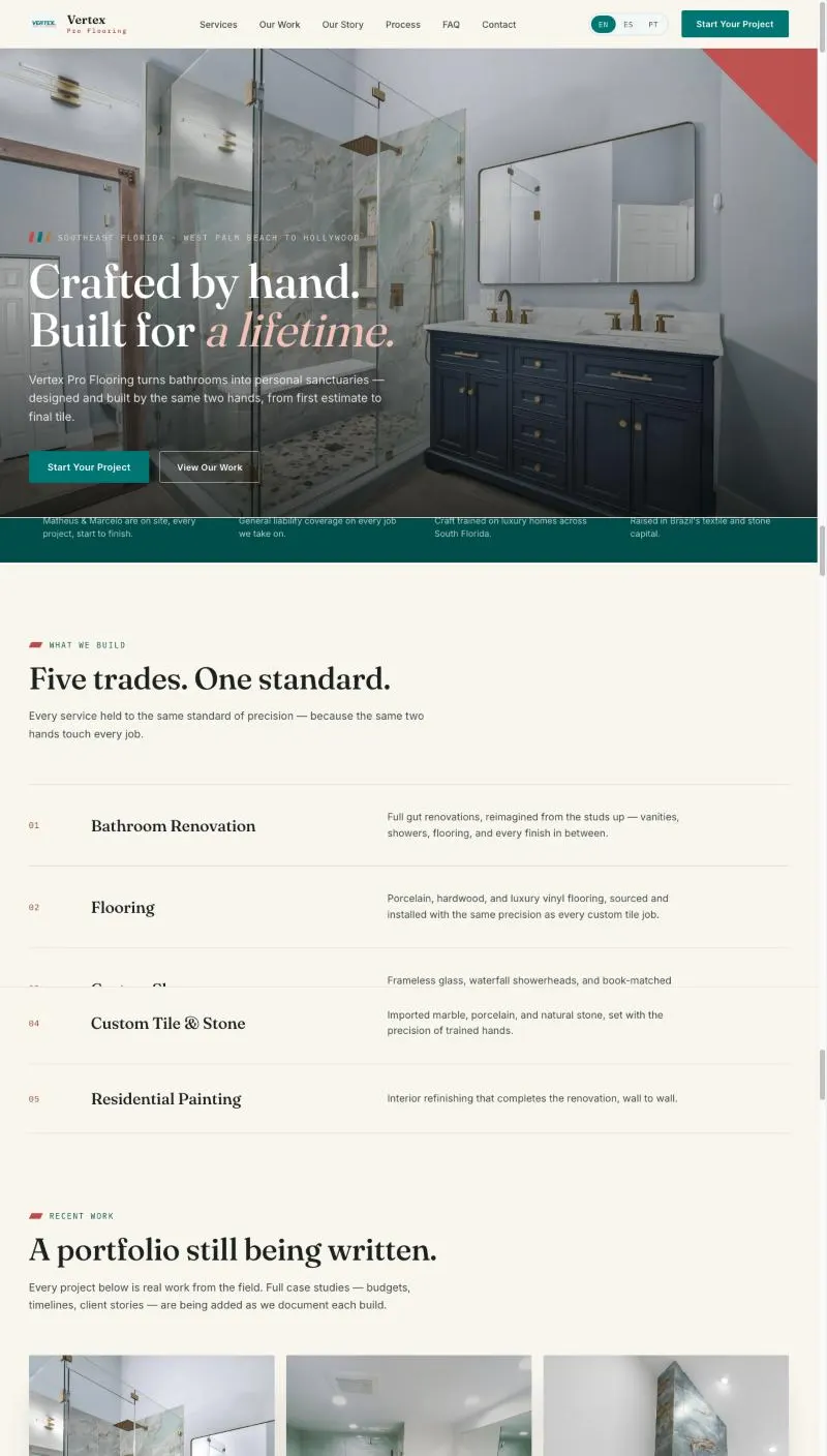 Scrolling view of the Vertex Pro Flooring homepage